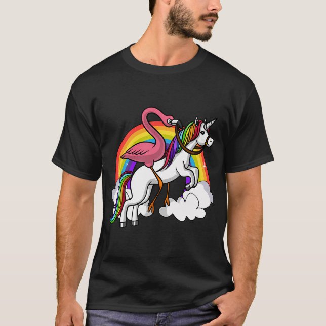Camiseta Flamenco Pájaro Montando Unicornio (Anverso)
