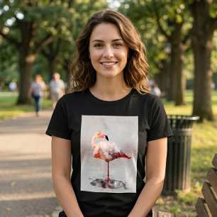 Camiseta Flamenco Rosa de Pie en Impresión de Arte en Acuar