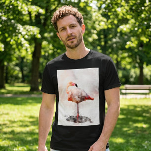 Camiseta Flamenco Rosa de Pie en Impresión de Arte en Acuar