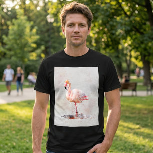 Camiseta Flamenco Rosa Elegante de pie en Acuarela