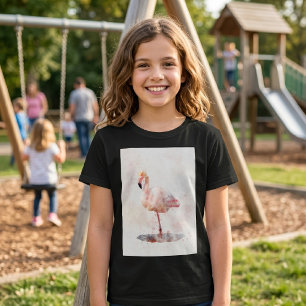 Camiseta Flamenco Rosa Elegante de pie en Acuarela