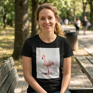 Camiseta Flamenco Rosa Elegante de pie en Acuarela