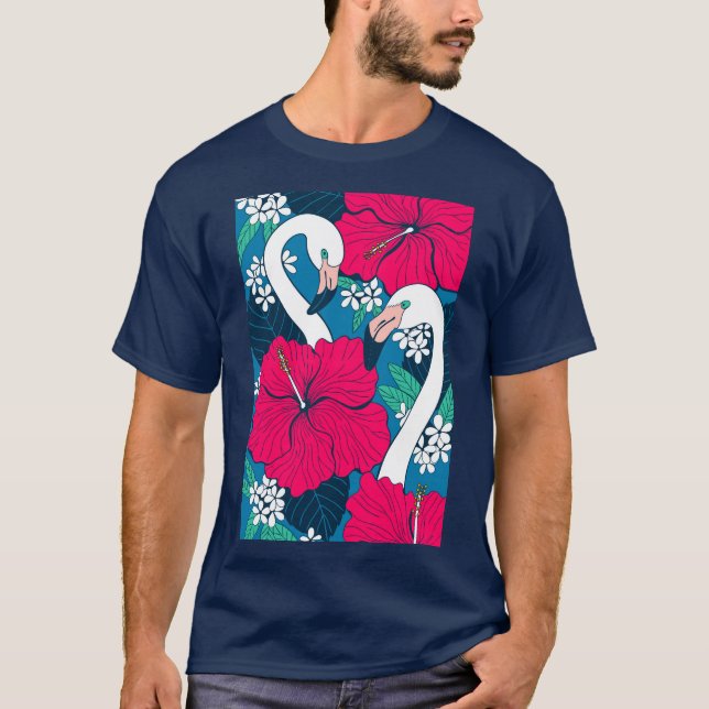 Camiseta Flamencos, hibiscos y hojas tropicales (Anverso)