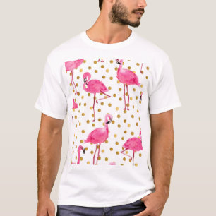 Camiseta Flamencos rosas, puntos dorados, acuarela.