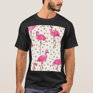 Camiseta Flamencos rosas, puntos dorados, acuarela.