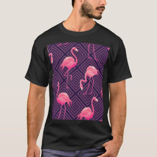 Camiseta Flamencos vintage, fondo geométrico púrpura.
