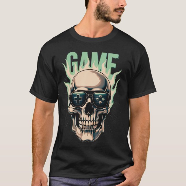 Camiseta Flaming Gamer Skull – Retro Gaming Power Design (Anverso)