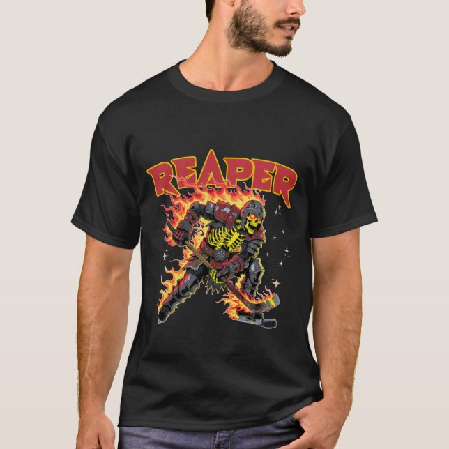 Camiseta Flaming Reaper Skeleton Hockey Player Dark Sports  (Anverso)