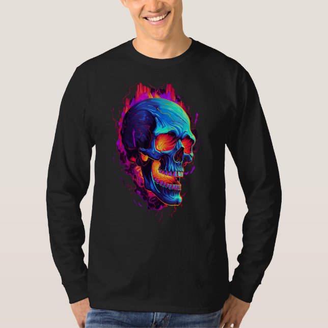 Camiseta Flaming Skull Cool Red Orange & Blue Skeleton Skul (Anverso)