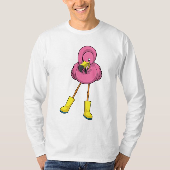 Camiseta Flamingo at Raining with Rubber boots (Anverso)
