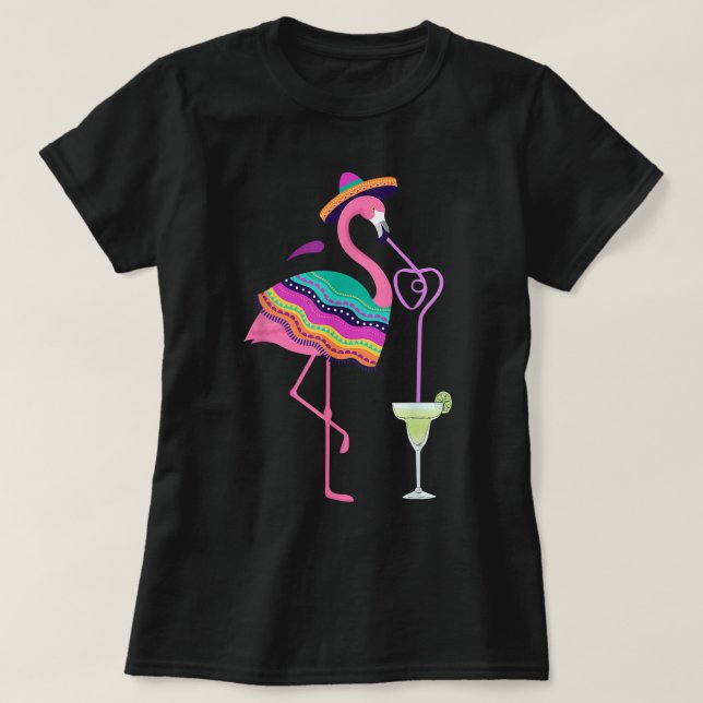 Camiseta Flamingo Bebiendo Margarita Mexicana Poncho Cinco  (Diseño del anverso)