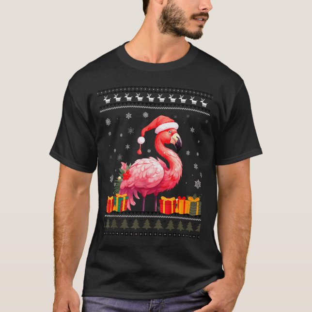 Camiseta Flamingo Christmas Santa Hat Ugly Christmas Sweate (Anverso)