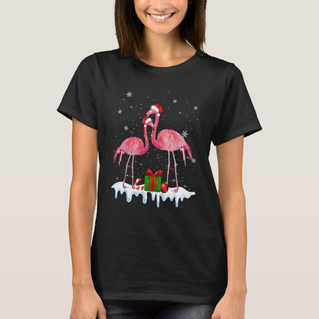 Camiseta Flamingo Christmas Tree Santa Hat Xmas Light Merry (Anverso)