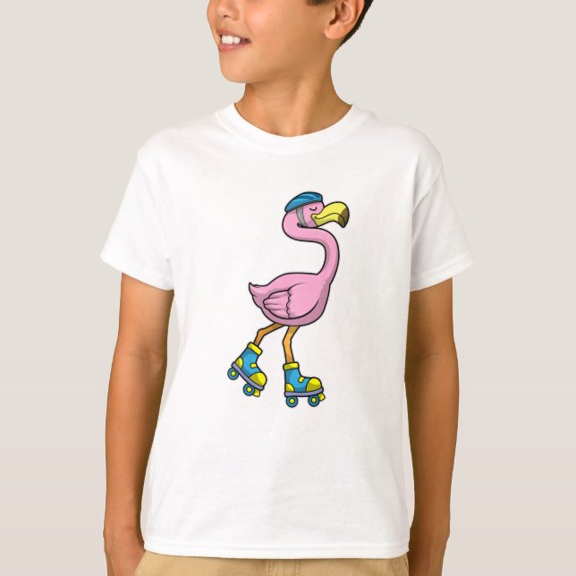 Camiseta Flamingo como patinador con patines en línea y cas (Anverso)