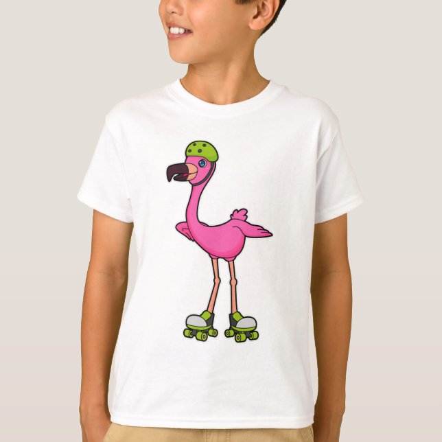 Camiseta Flamingo como patinador con patines y casco (Anverso)