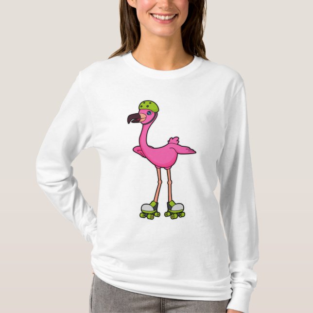 Camiseta Flamingo como patinador con patines y casco (Anverso)