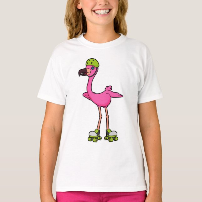 Camiseta Flamingo como patinador con patines y casco (Anverso)