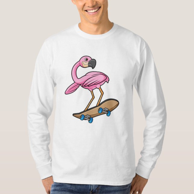 Camiseta Flamingo como Skater con Skateboard (Anverso)