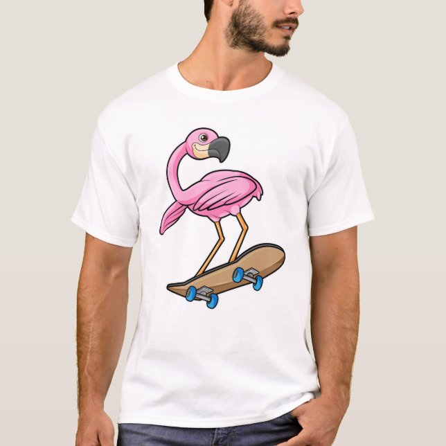 Camiseta Flamingo como Skater con Skateboard (Anverso)