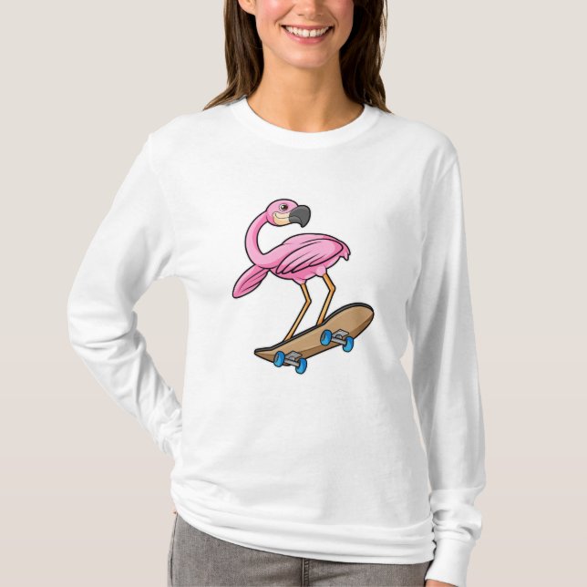 Camiseta Flamingo como Skater con Skateboard (Anverso)