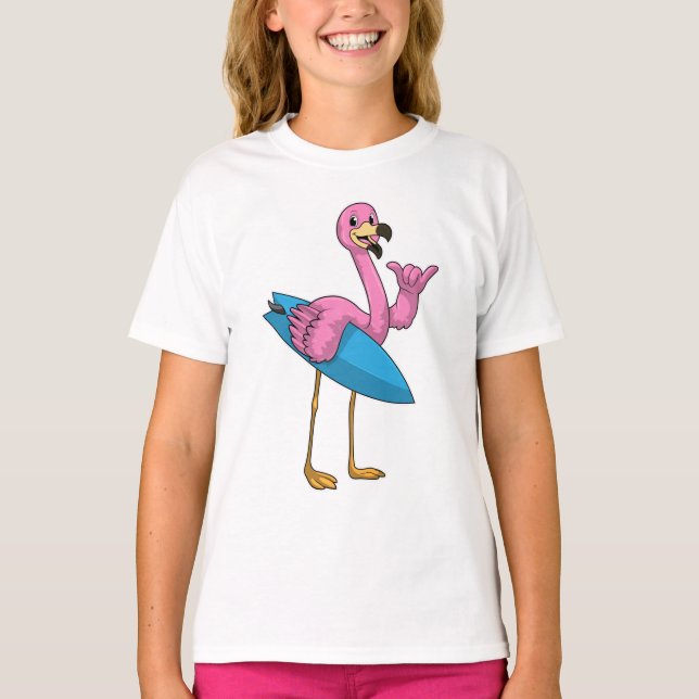 Camiseta Flamingo como surfista con Surfboard (Anverso)
