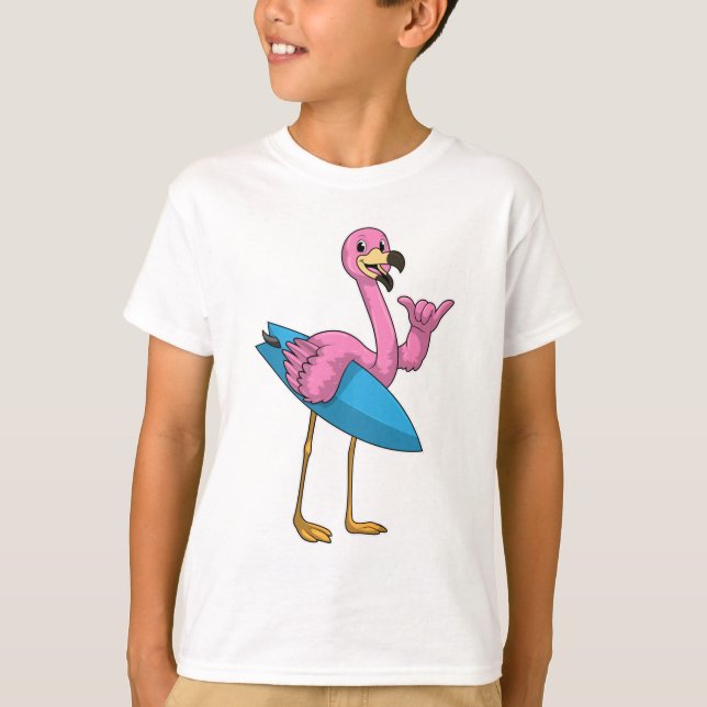 Camiseta Flamingo como surfista con Surfboard (Anverso)