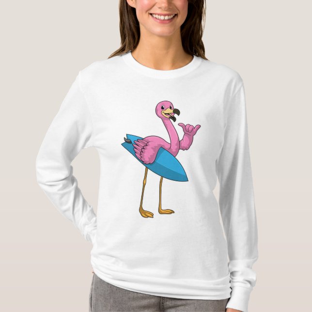 Camiseta Flamingo como surfista con Surfboard (Anverso)