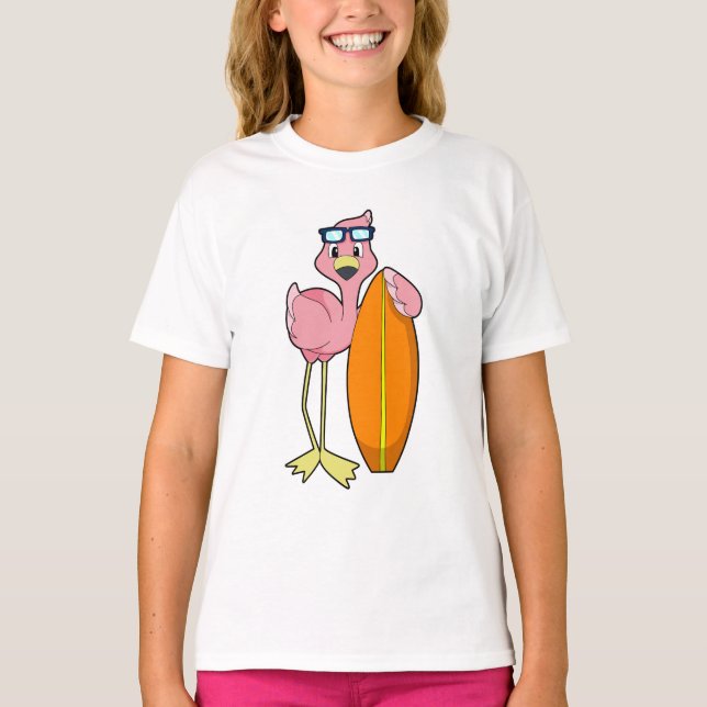 Camiseta Flamingo como surfista con Surfboard.PNG (Anverso)