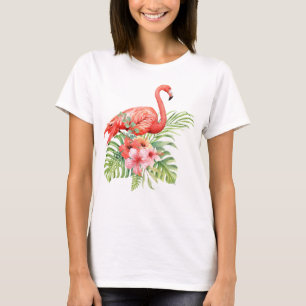 Camiseta Flamingo de color de agua e Hibiscus