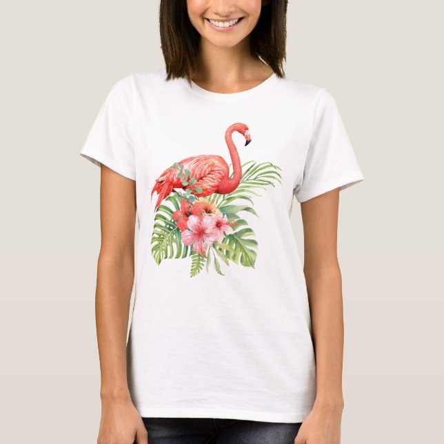 Camiseta Flamingo de color de agua e Hibiscus (Anverso)