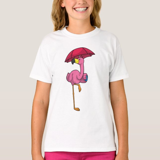 Camiseta Flamingo en la lluvia con paraguas (Anverso)