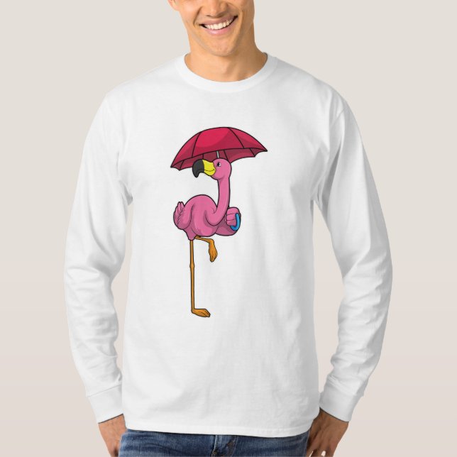 Camiseta Flamingo en la lluvia con paraguas (Anverso)