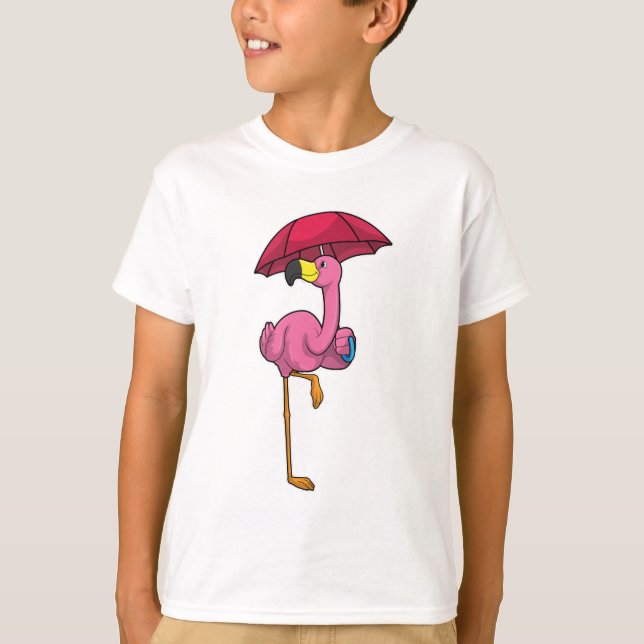 Camiseta Flamingo en la lluvia con paraguas (Anverso)