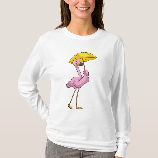 Camiseta Flamingo en la lluvia con paraguas (Anverso)