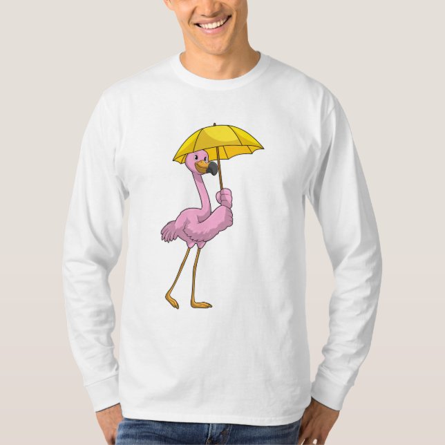 Camiseta Flamingo en la lluvia con paraguas (Anverso)