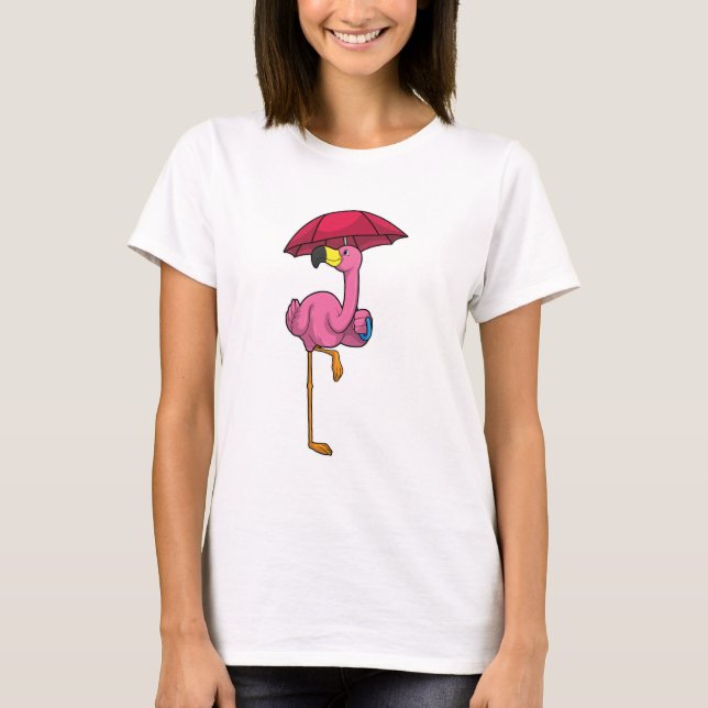 Camiseta Flamingo en la lluvia con paraguas (Anverso)