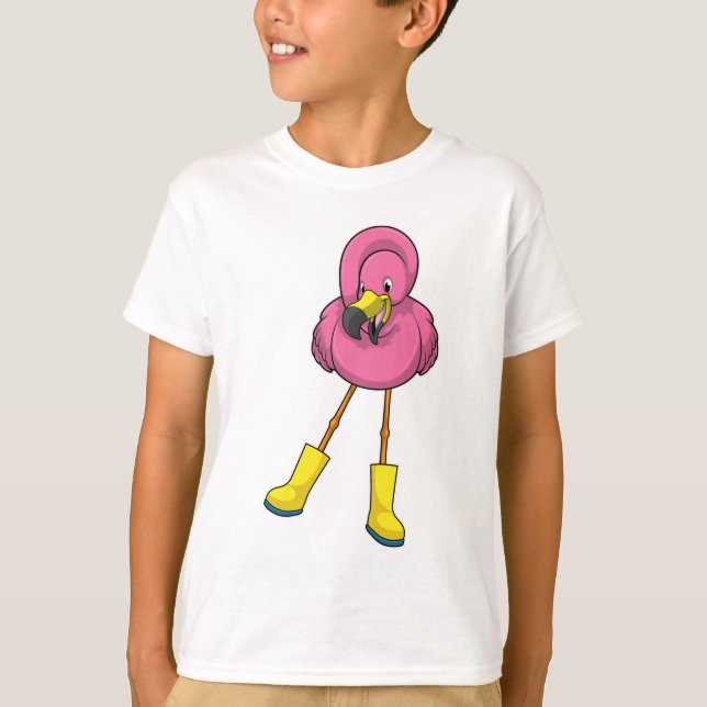 Camiseta Flamingo en Lluvia con botas de goma (Anverso)