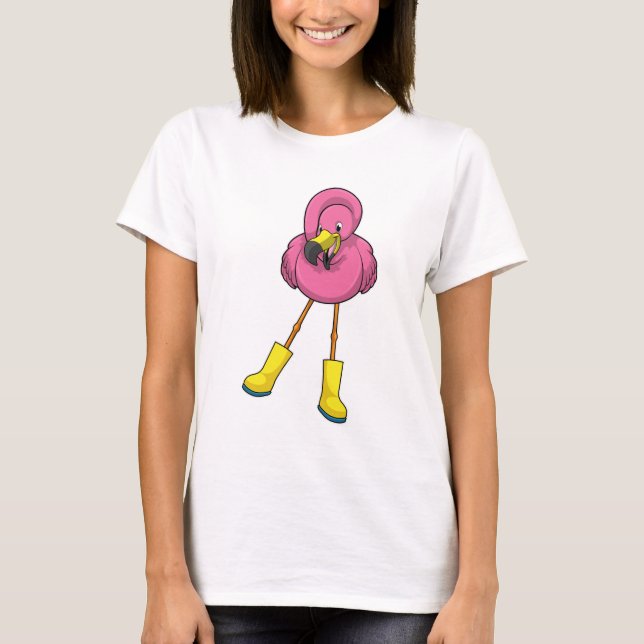 Camiseta Flamingo en Lluvia con botas de goma (Anverso)