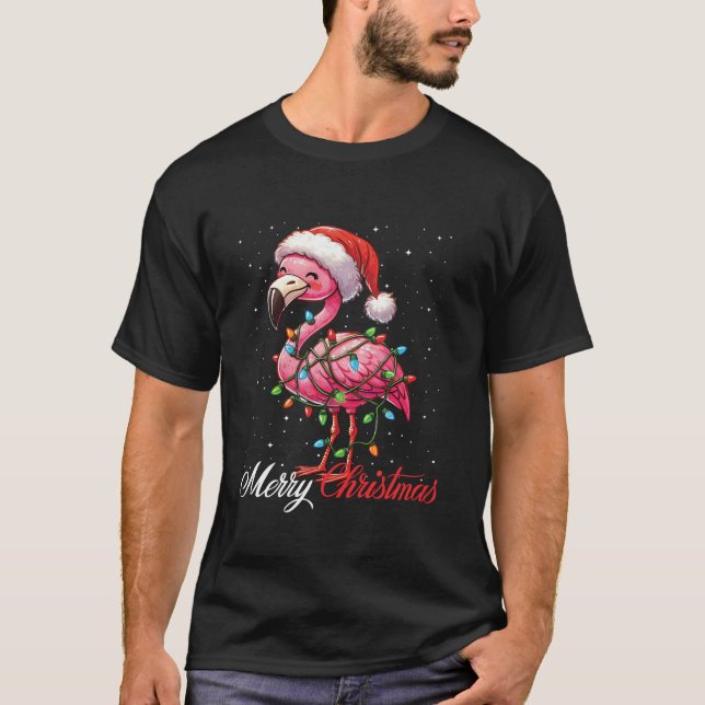 Camiseta Flamingo Feliz Navidad Luces Santa Hat Xmas Sno (Anverso)
