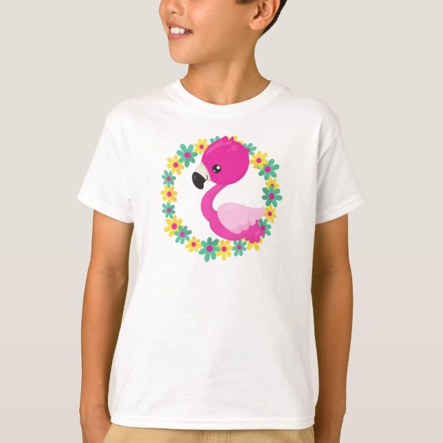 Camiseta Flamingo, Flamingo Infantil, Ave, Flores (Anverso)
