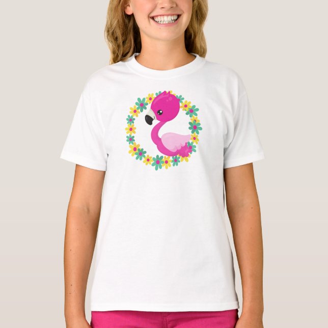 Camiseta Flamingo, Flamingo Infantil, Ave, Flores (Anverso)