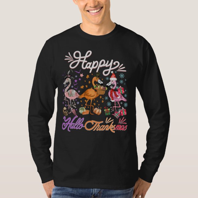 Camiseta Flamingo Gracioso Y Cuto Feliz HalloThanksmas 2023 (Anverso)