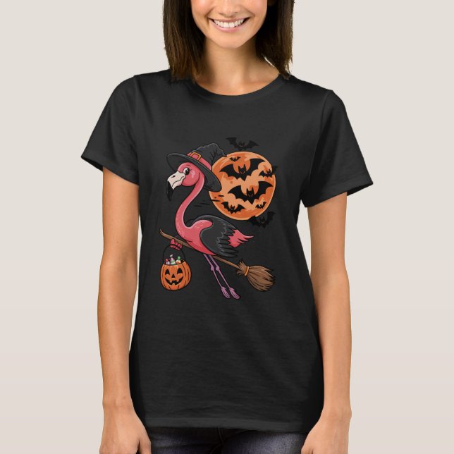 Camiseta Flamingo Halloween Witch Hat Jack-o-Lantern Candy  (Anverso)