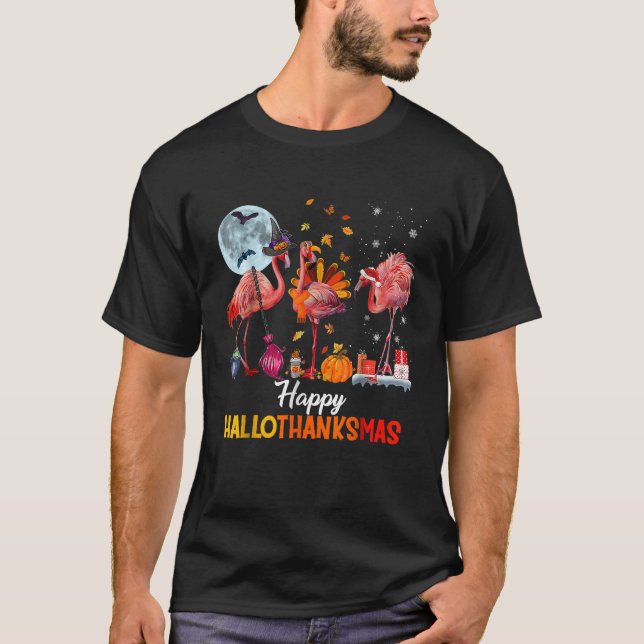 Camiseta Flamingo Halloween Y Feliz Navidad Hallo (Anverso)