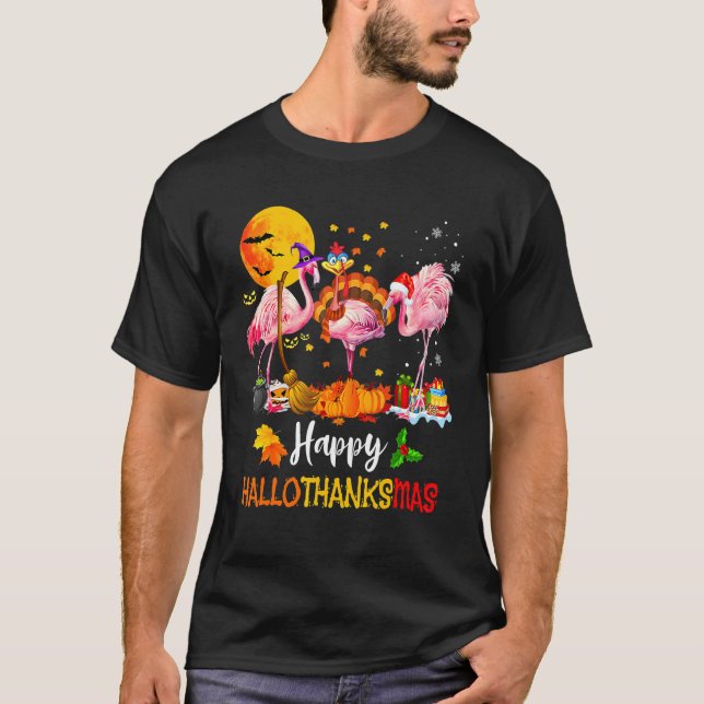Camiseta Flamingo Happy Hallothanksmas Halloween Thanksgivi (Anverso)
