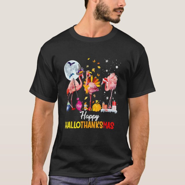 Camiseta Flamingo Happy HalloThanksmas Halloween Thanksgivi (Anverso)