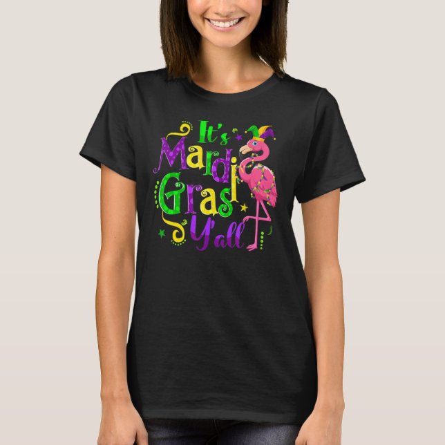 Camiseta Flamingo It's Mardi Gras Y'all Jester Hat Mask Bea (Anverso)