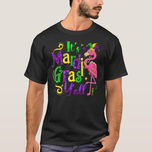 Camiseta Flamingo It's Mardi Gras Y'all Jester Hat Mask Bea (Anverso)