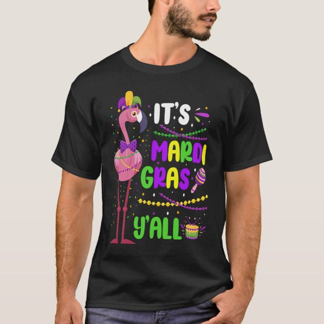 Camiseta Flamingo Jester Hat Beads Mask It's Mardi Gras Y'a (Anverso)