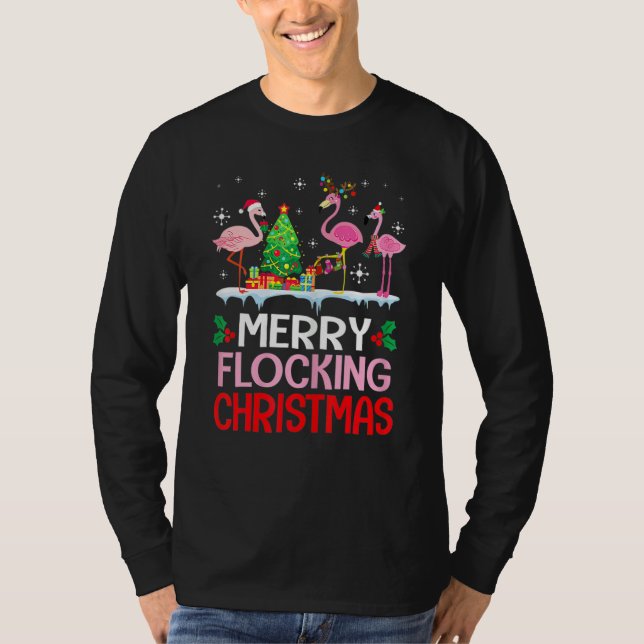 Camiseta Flamingo Noel Hats Dancing On Snow Merry Flocking  (Anverso)